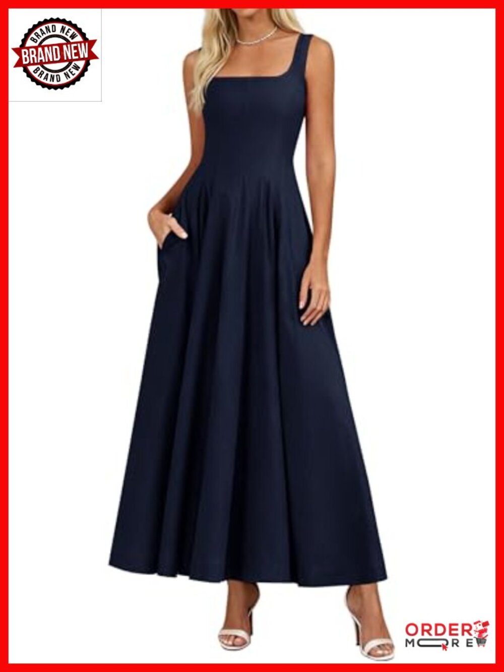Sleeveless A-Line Midi Dress with Pockets Square Neck Cocktail Party
